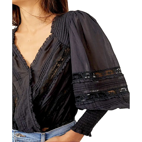 Free People Tops - Free People Eloise Smocked Bodysuit Black Women Size Small $118 long sleeves NWT